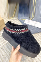 BLACK SHEARLING PLATFORM SLIPPERS AZTEC FAUX FUR LINED ANKLE BOOTS