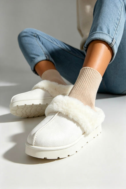 BEIGE FUAX FUR LINED COSY MULE SLIPPERS FLUFFY SHOES