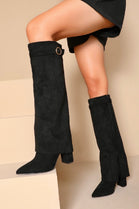 BLACK SUEDE BLOCK HEEL FOLD OVER KNEE HIGH LONG BOOTS