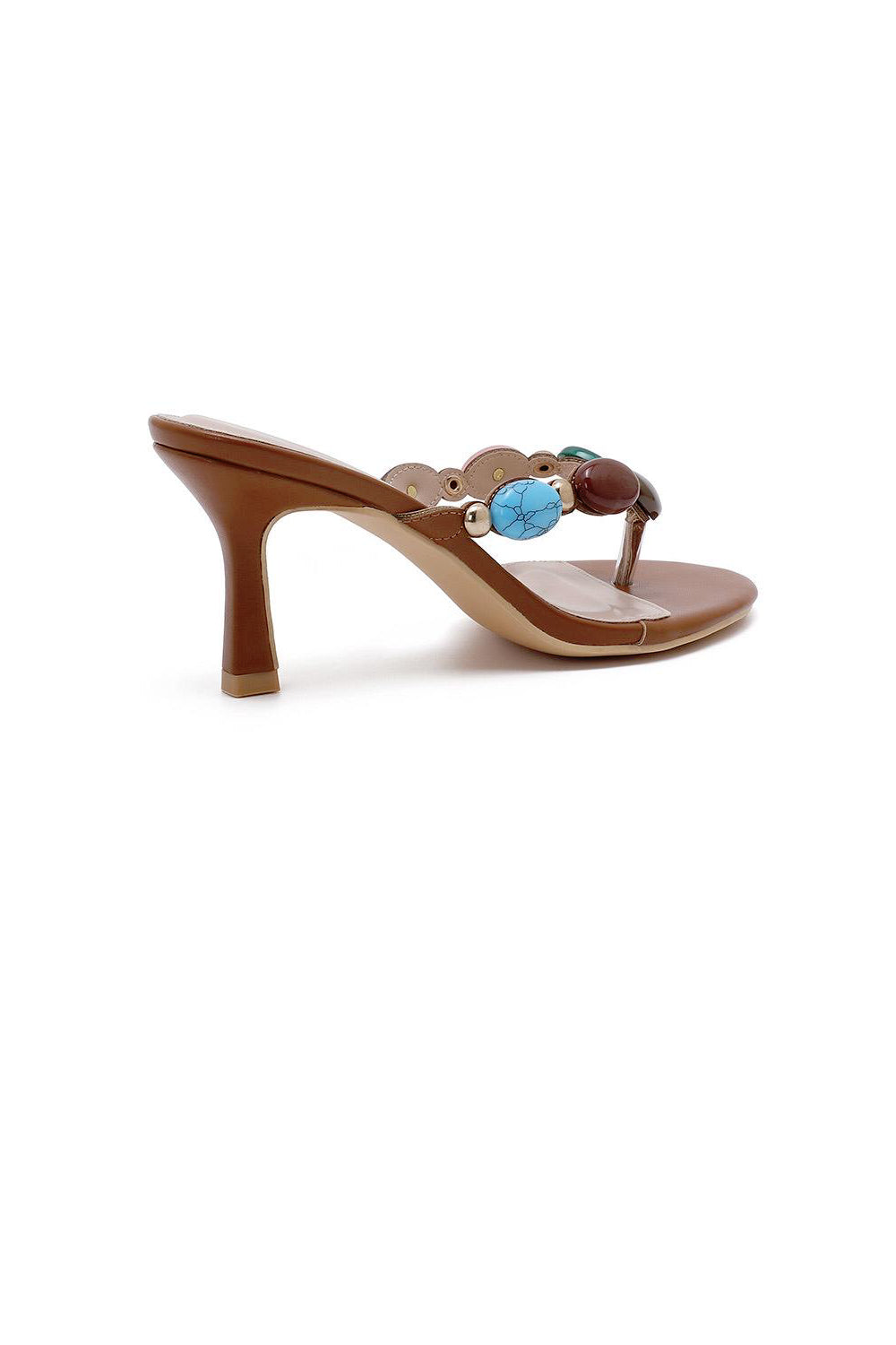 Women's Camel Pu Gemstone Thong Strappy Sandals Kitten Heel Mules