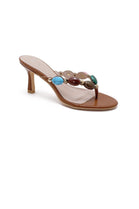 Women's Camel Pu Gemstone Thong Strappy Sandals Kitten Heel Mules