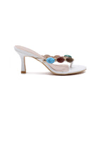 Women's White Pu Gemstone Thong Strappy Sandals Kitten Heel Mules