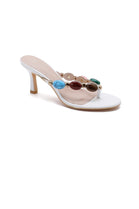 Women's White Pu Gemstone Thong Strappy Sandals Kitten Heel Mules