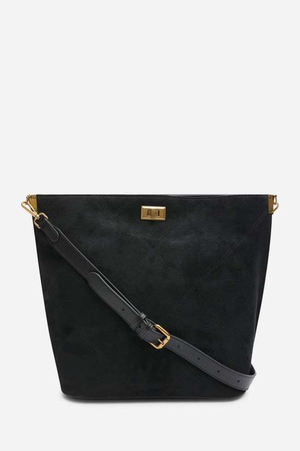 Black Faux Suede Turn-Lock Shoulder Bag