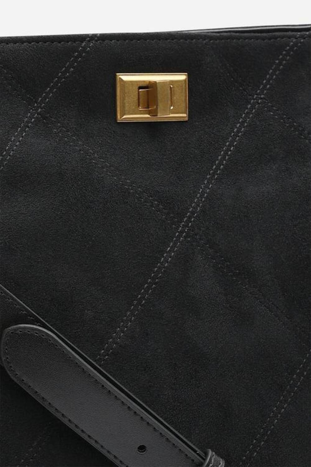 Black Faux Suede Turn-Lock Shoulder Bag