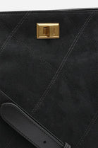 Black Faux Suede Turn-Lock Shoulder Bag