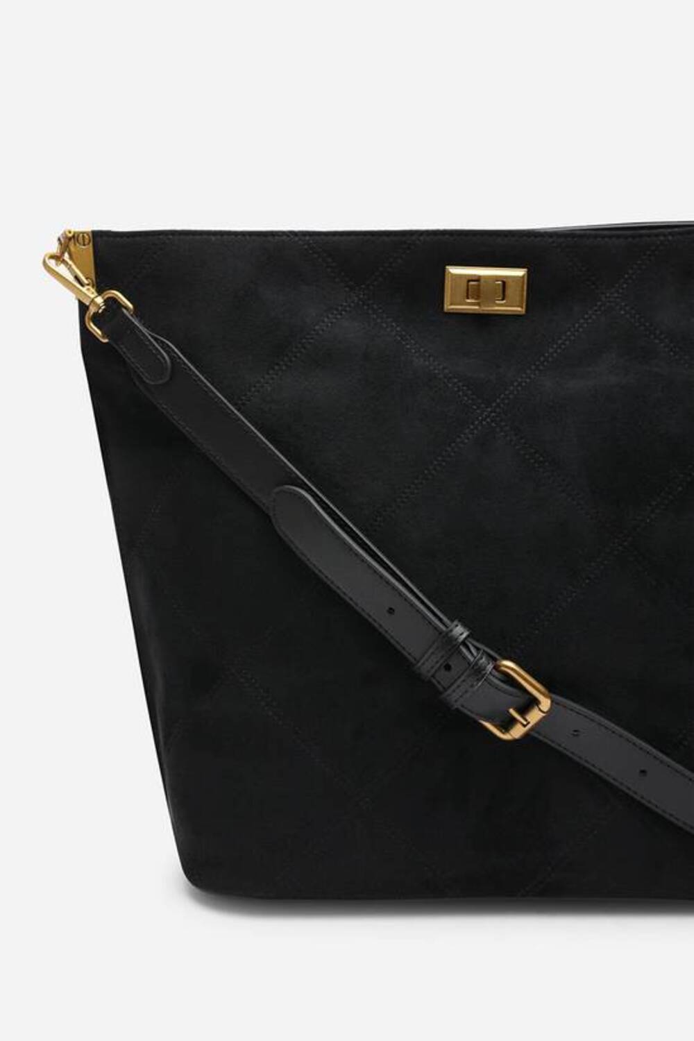 Black Faux Suede Turn-Lock Shoulder Bag