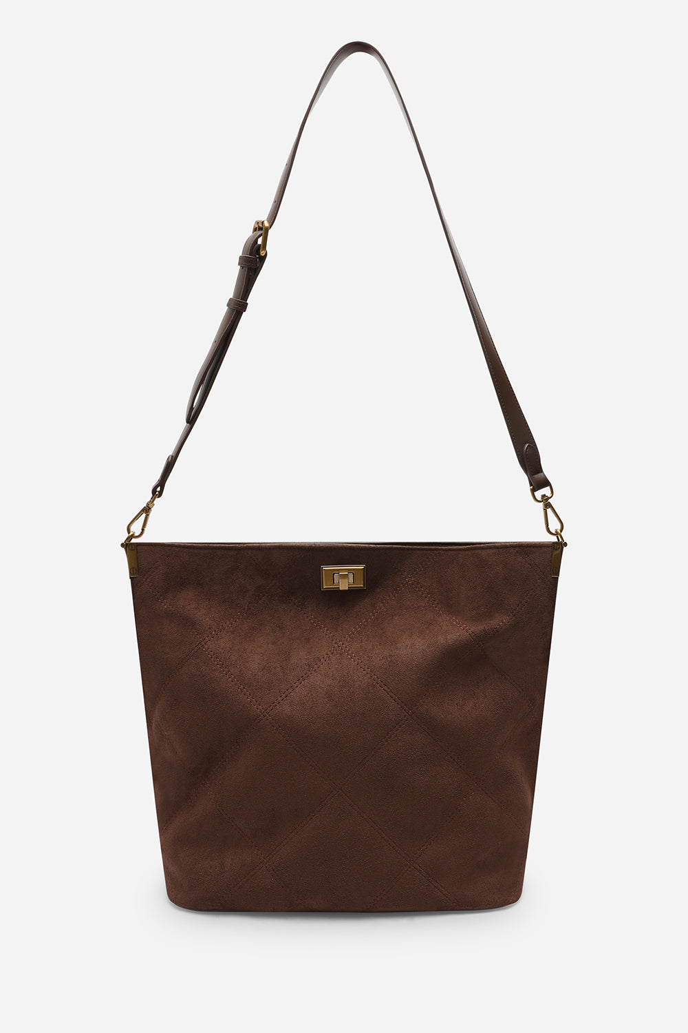 Brown Faux Suede Turn-Lock Shoulder Bag