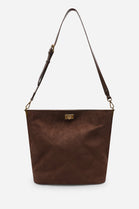 Brown Faux Suede Turn-Lock Shoulder Bag