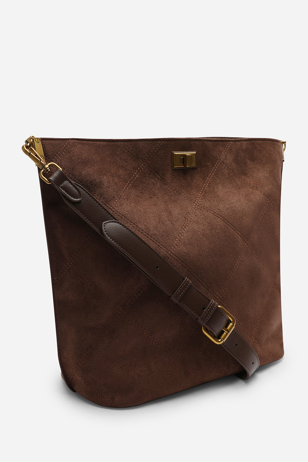 Brown Faux Suede Turn-Lock Shoulder Bag