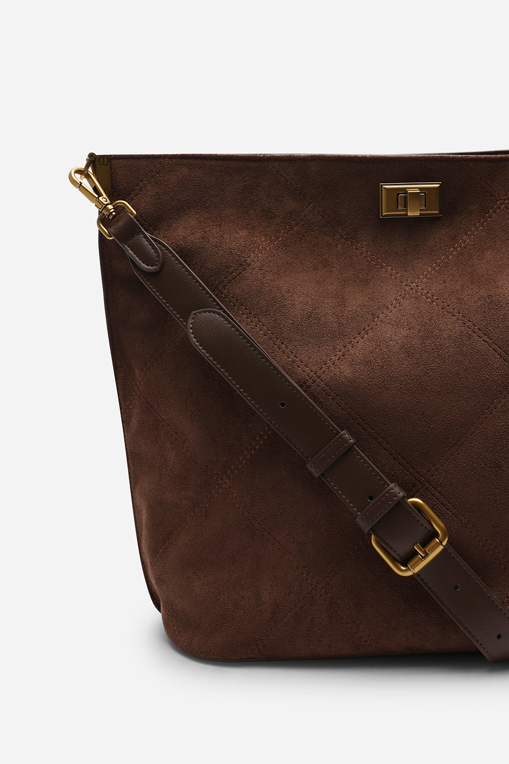 Brown Faux Suede Turn-Lock Shoulder Bag