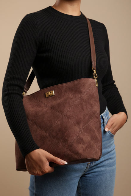 Brown Faux Suede Turn-Lock Shoulder Bag