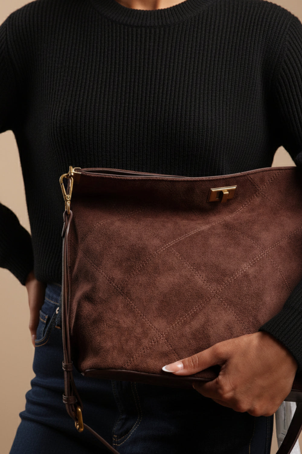Brown Faux Suede Turn-Lock Shoulder Bag