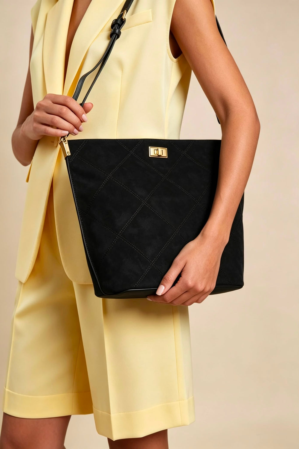 Black Faux Suede Turn-Lock Shoulder Bag