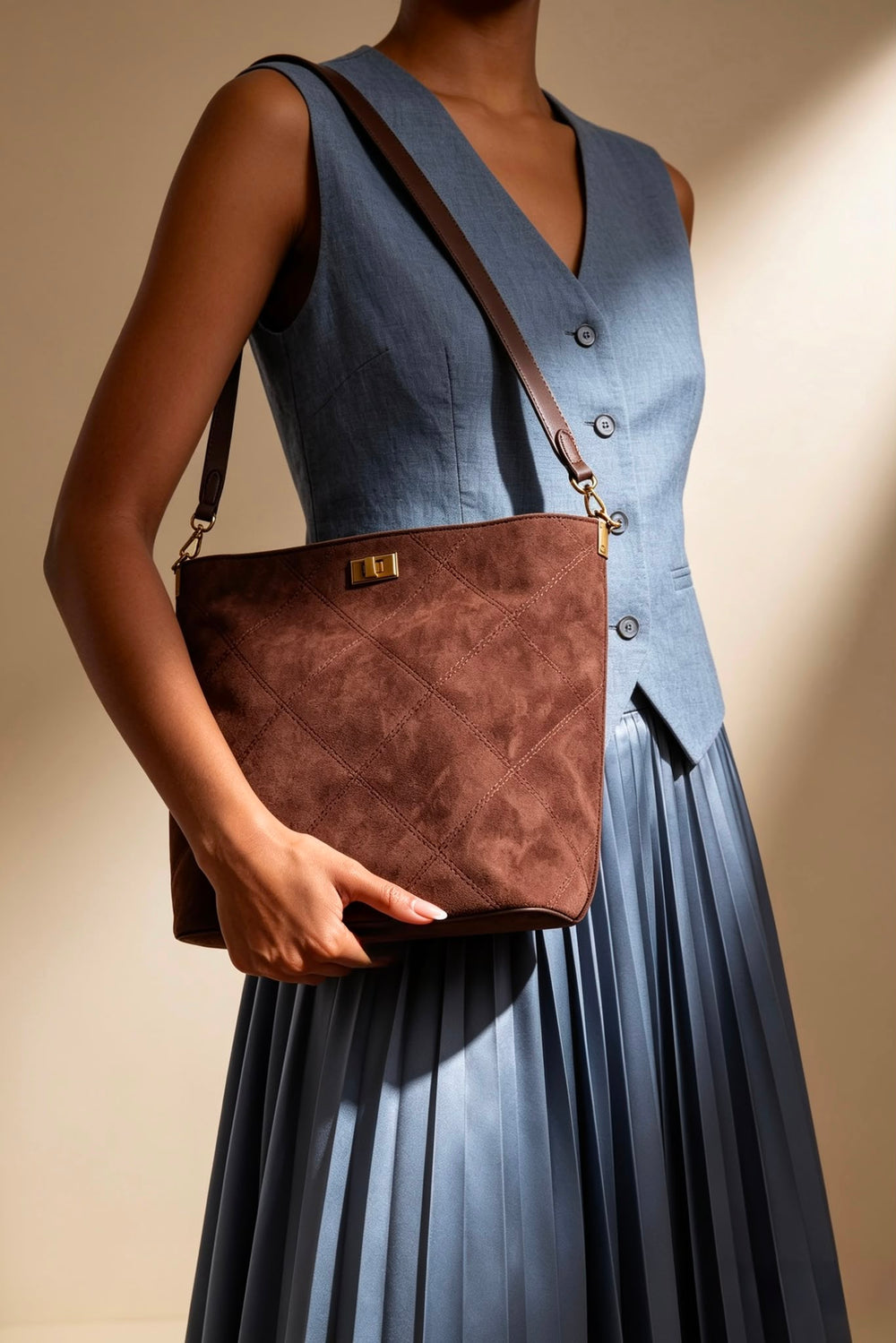 Brown Faux Suede Turn-Lock Shoulder Bag