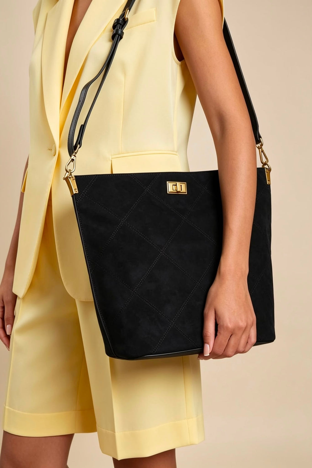 Black Faux Suede Turn-Lock Shoulder Bag