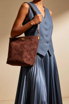 Brown Faux Suede Turn-Lock Shoulder Bag