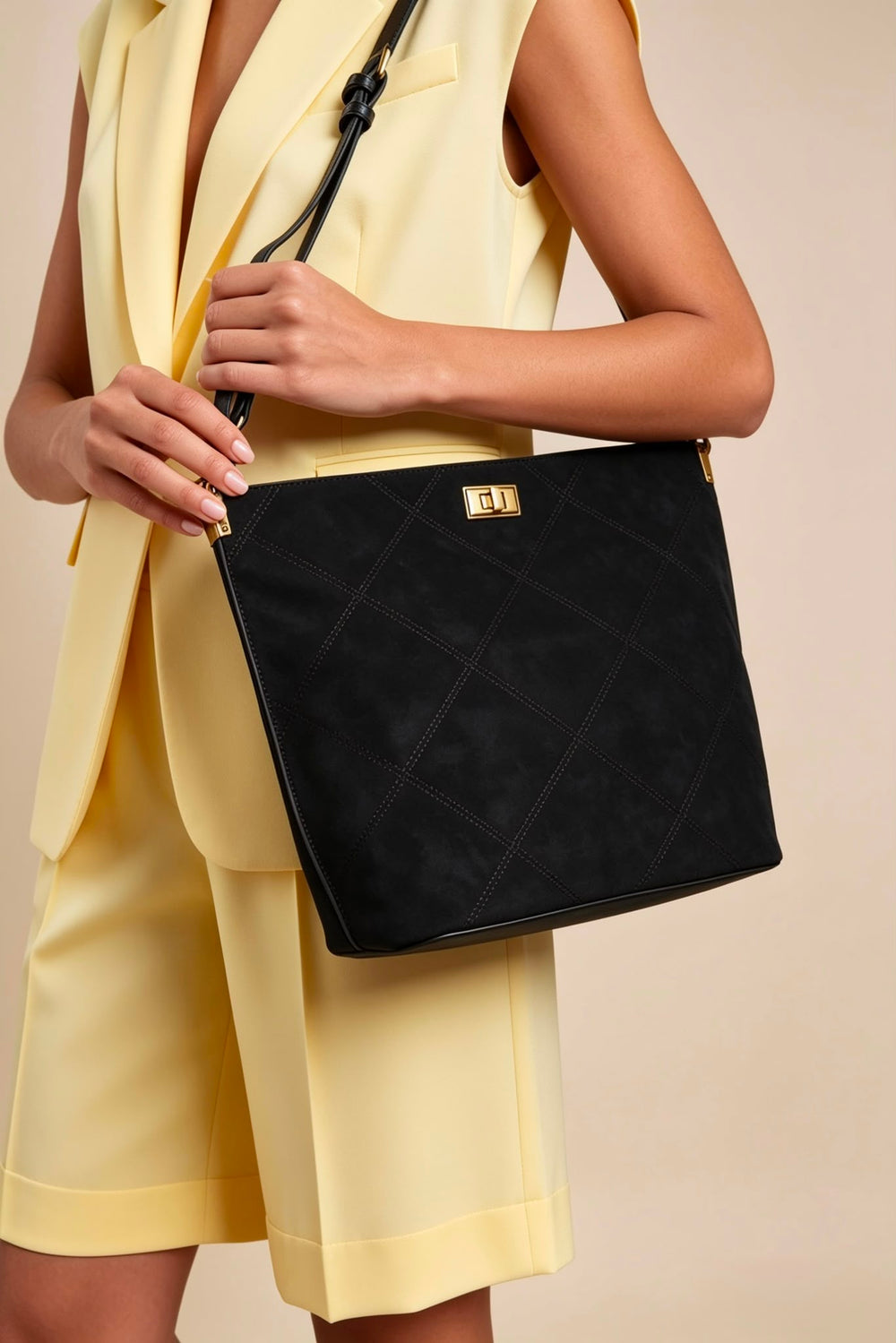 Black Faux Suede Turn-Lock Shoulder Bag