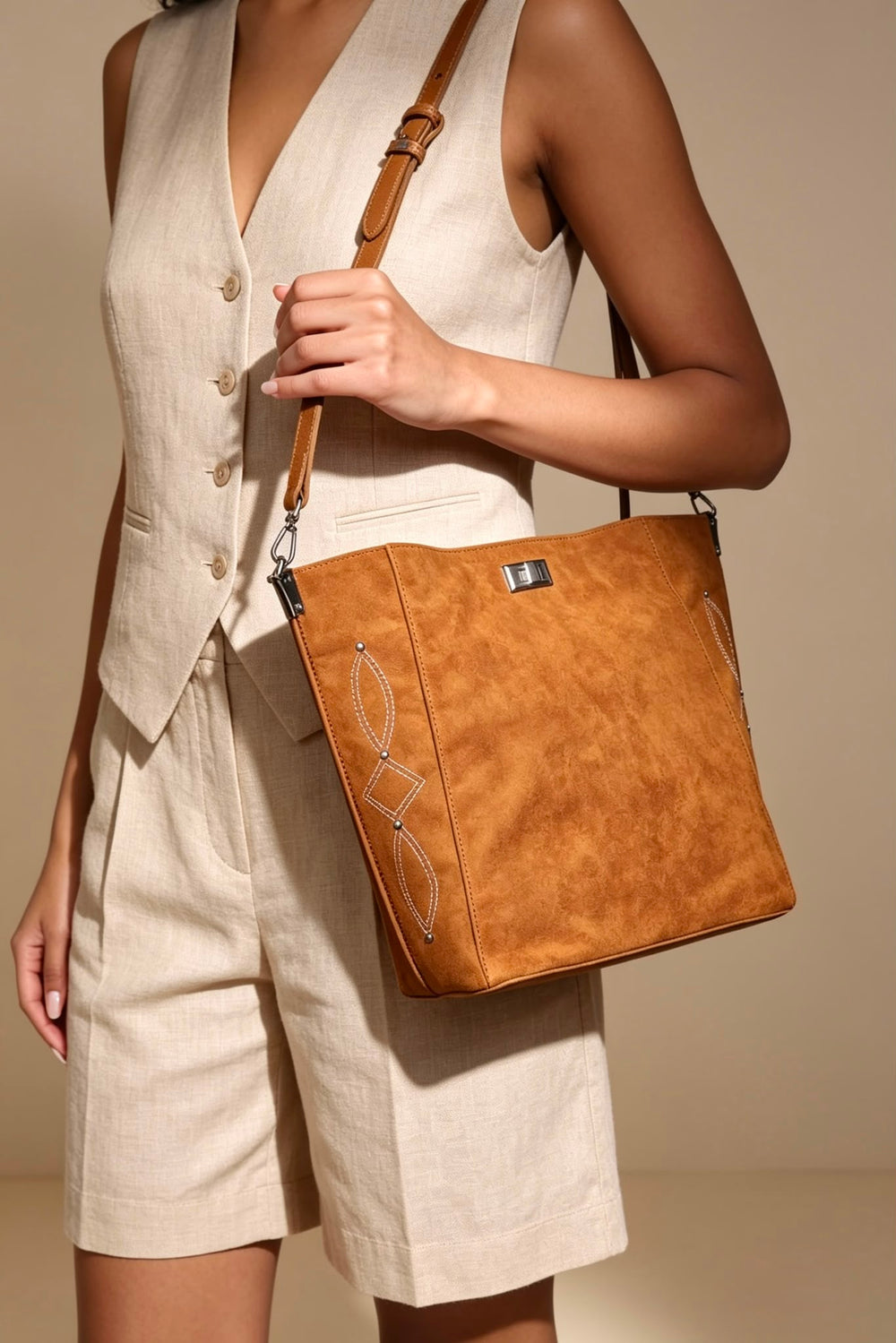 Western Stitch Suede Tote Bag – Wholesale Tan Shoulder Handbag