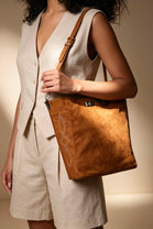Western Stitch Suede Tote Bag – Wholesale Tan Shoulder Handbag