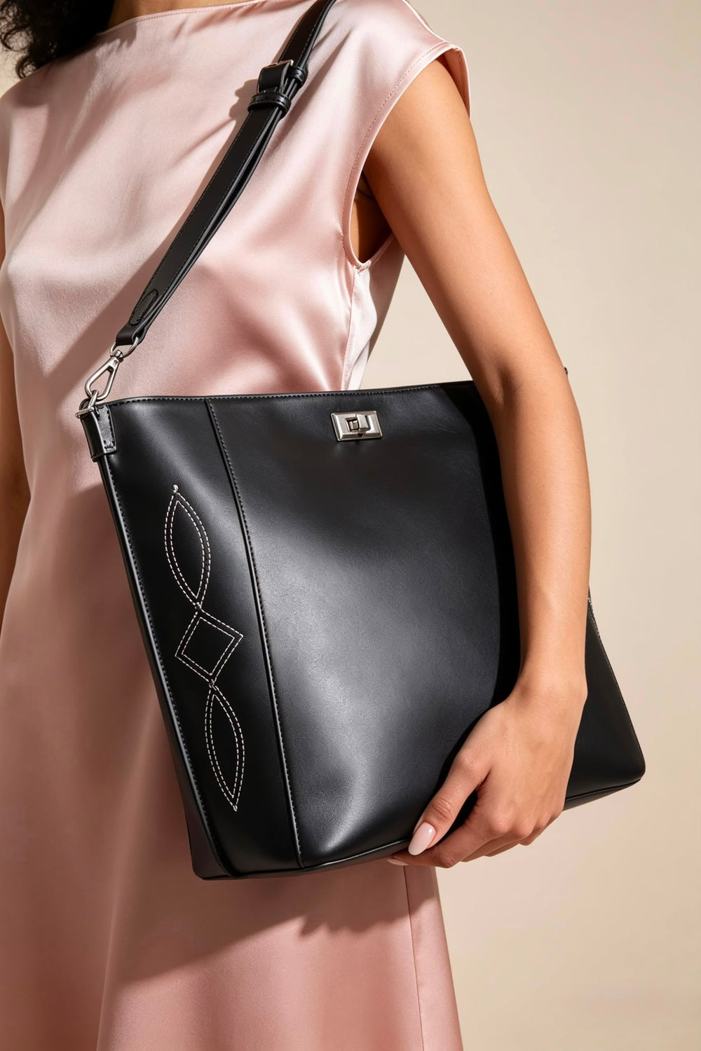 Western Stitch Tote Bag – Wholesale Faux Black Shoulder Handbag