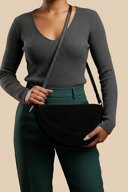 Wholesale Premium Black Suede Half Moon Sling Bag with Adjustable Strap