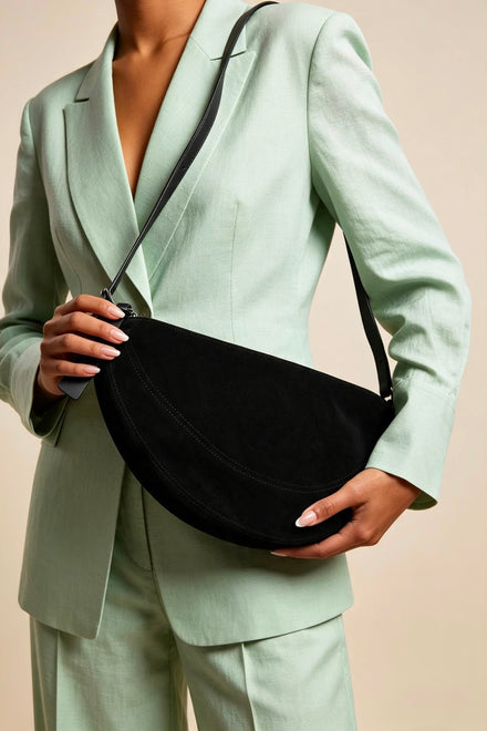 Wholesale Premium Black Suede Half Moon Sling Bag with Adjustable Strap
