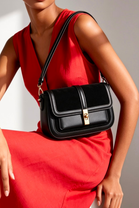 Premium Black Suede and Leather Flap Shoulder Bag  with Gold Lock