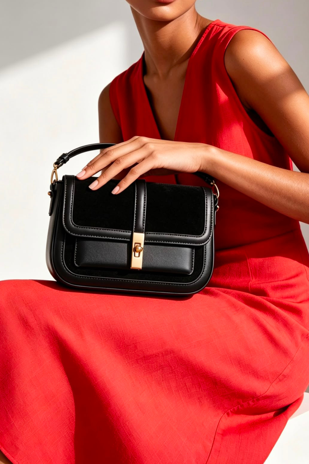 Premium Black Suede and Leather Flap Shoulder Bag  with Gold Lock