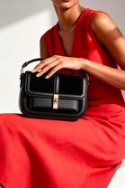 Premium Black Suede and Leather Flap Shoulder Bag  with Gold Lock