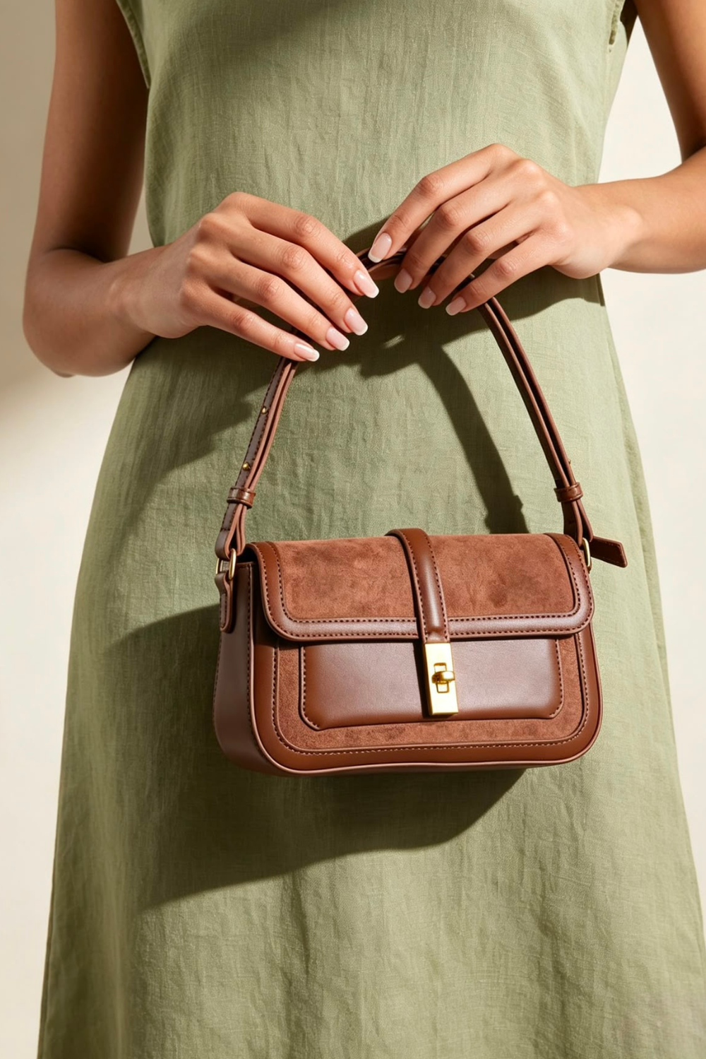 Premium Dark Brown Suede and Leather Flap Shoulder Bag  with Gold Lock