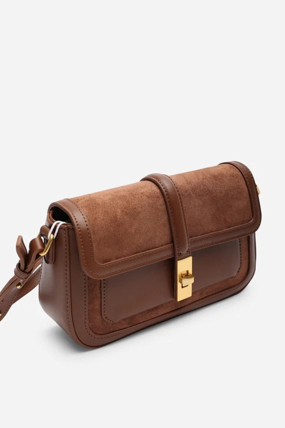 Premium Dark Brown Suede and Leather Flap Shoulder Bag  with Gold Lock