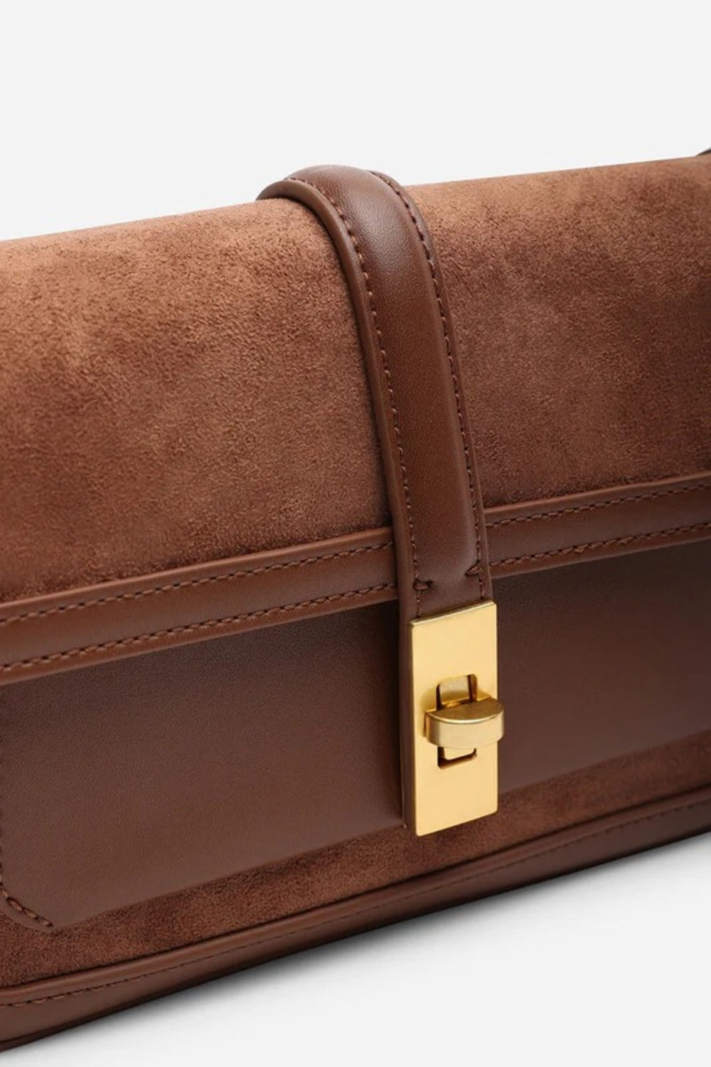 Premium Dark Brown Suede and Leather Flap Shoulder Bag  with Gold Lock