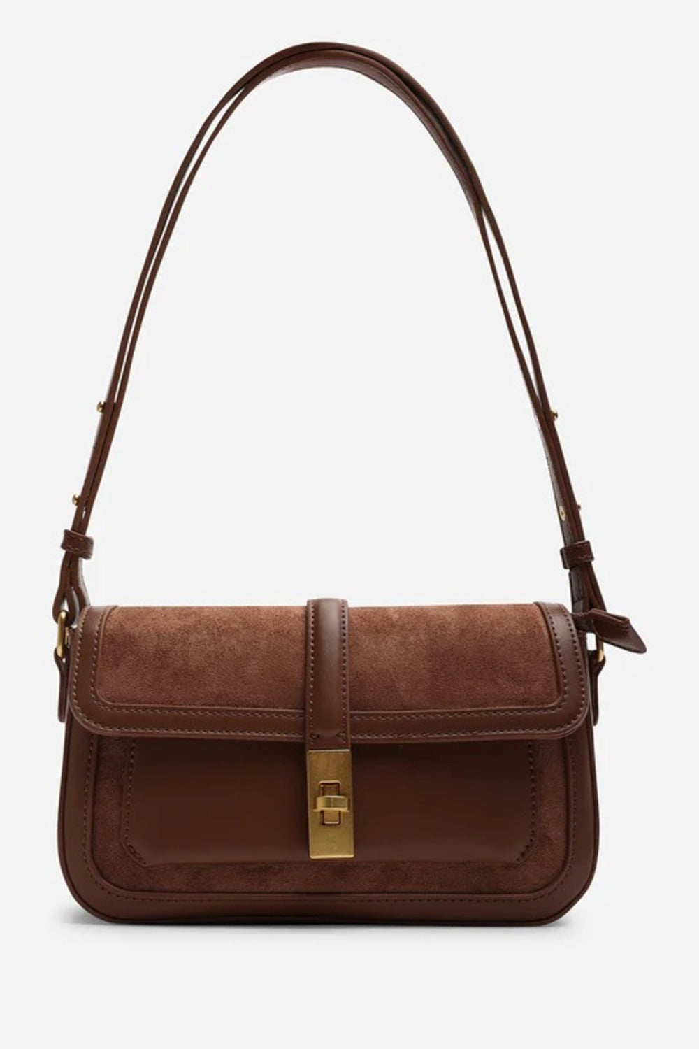 Premium Dark Brown Suede and Leather Flap Shoulder Bag  with Gold Lock