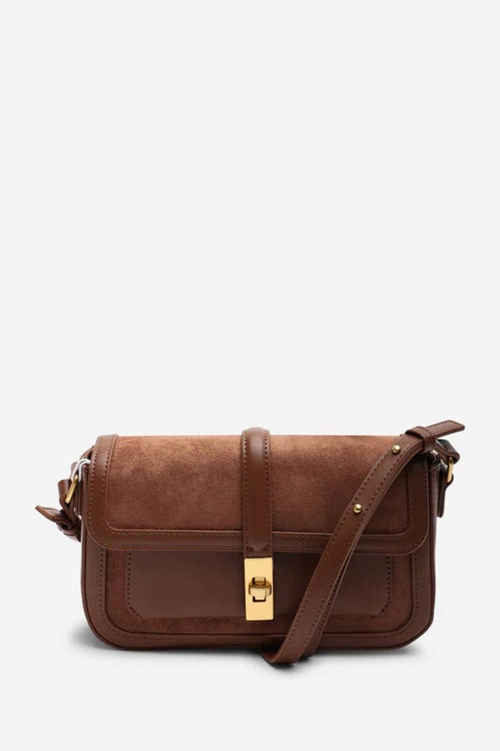 Premium Dark Brown Suede and Leather Flap Shoulder Bag  with Gold Lock