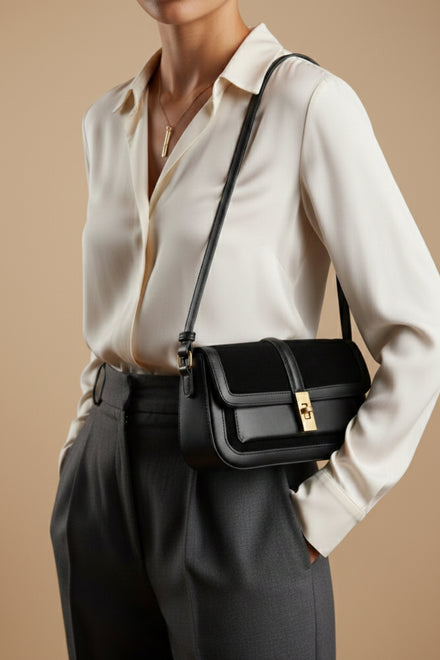 Classic Black Faux Suede & Faux Leather Shoulder Bag with Gold Lock