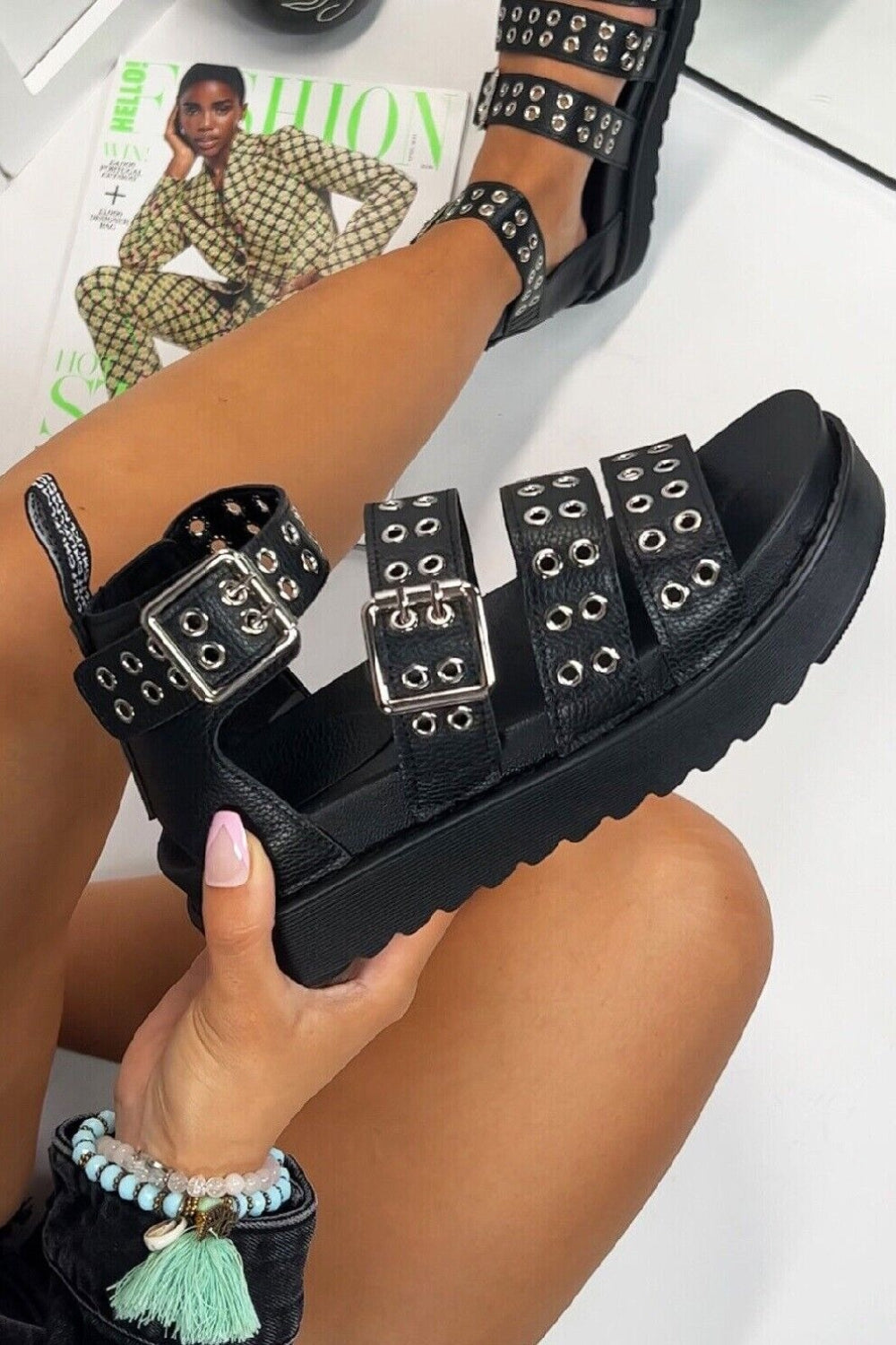 Black PU Flatform Sandals with Ankle Strap & Eyelet Detail
