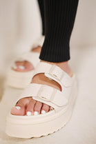 Ladies Cream Double Buckle Platform Sandals
