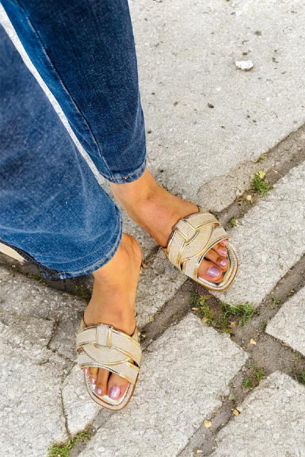 Gold Canvas Woven Flat Slider Sandal