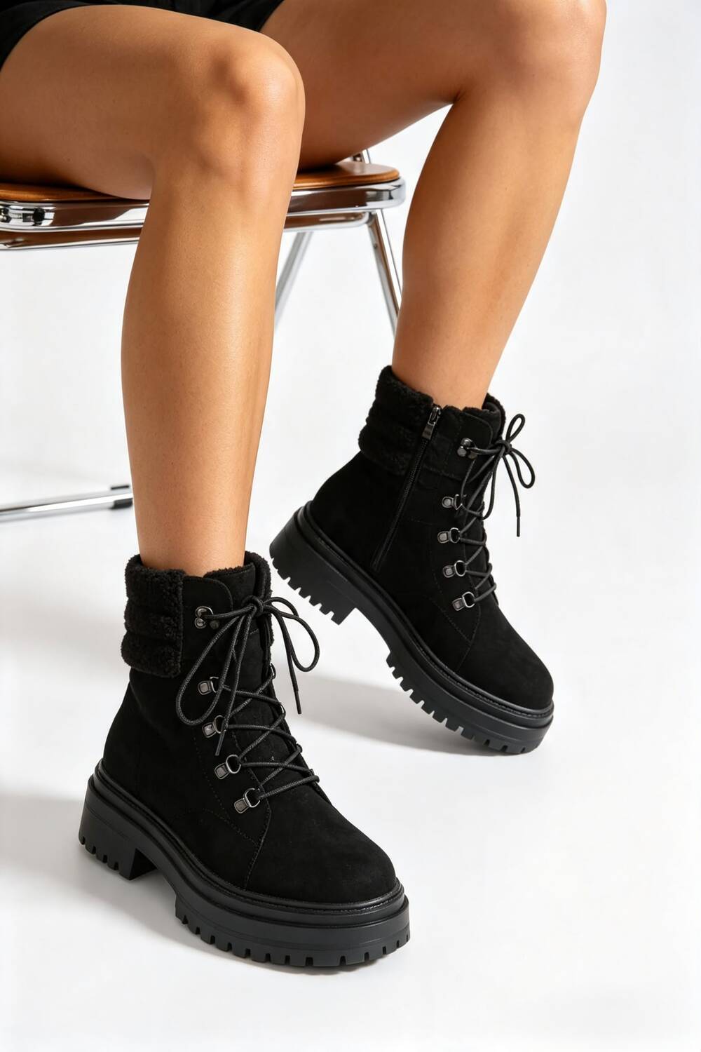 Black Suede Lace-Up Ankle Boots