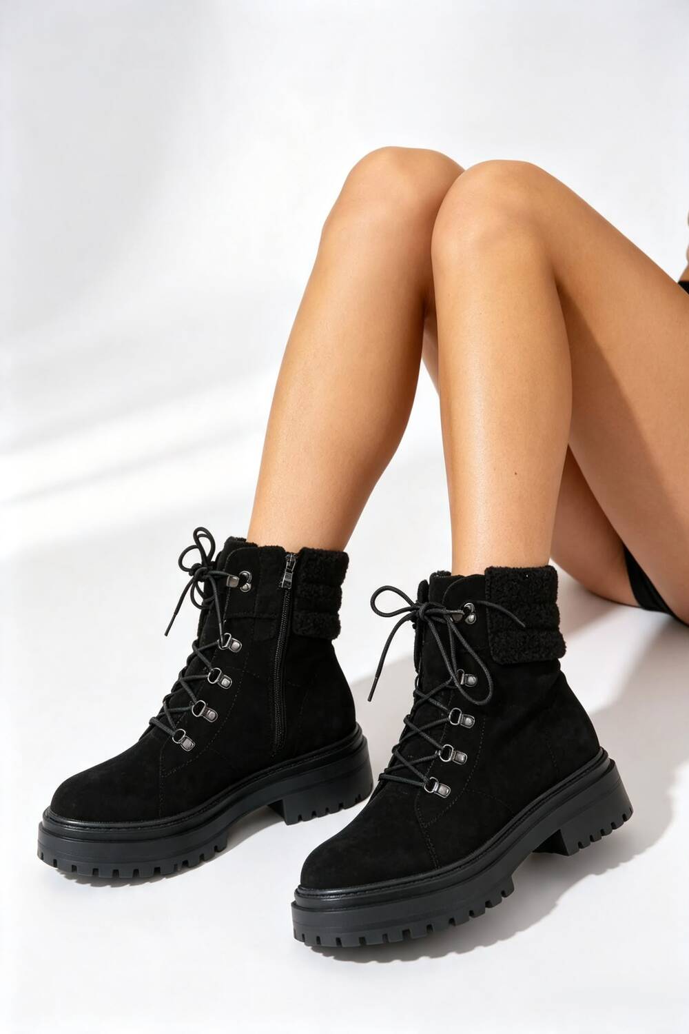 Black Suede Lace-Up Ankle Boots