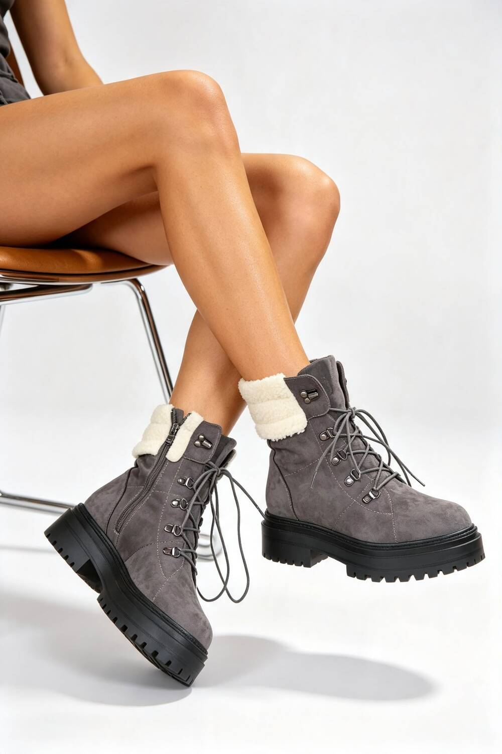 Grey Suede Lace-Up Ankle Boots