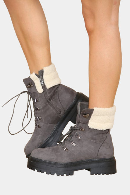 Grey Suede Fur Collar Lace up Ankle Boots