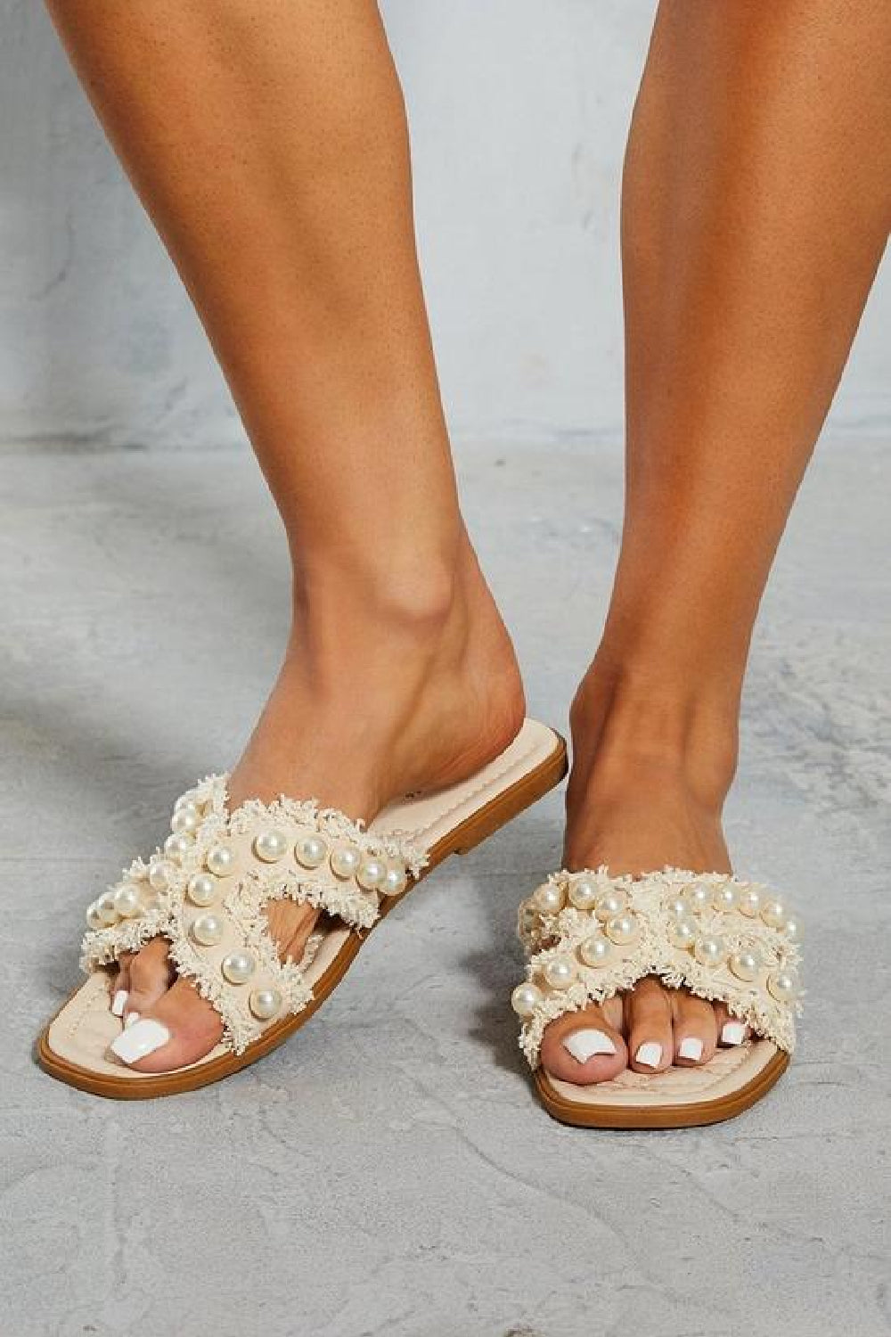 CREAM PEARL DETAIL FLAT SLIP ON SLIDERS SANDAL