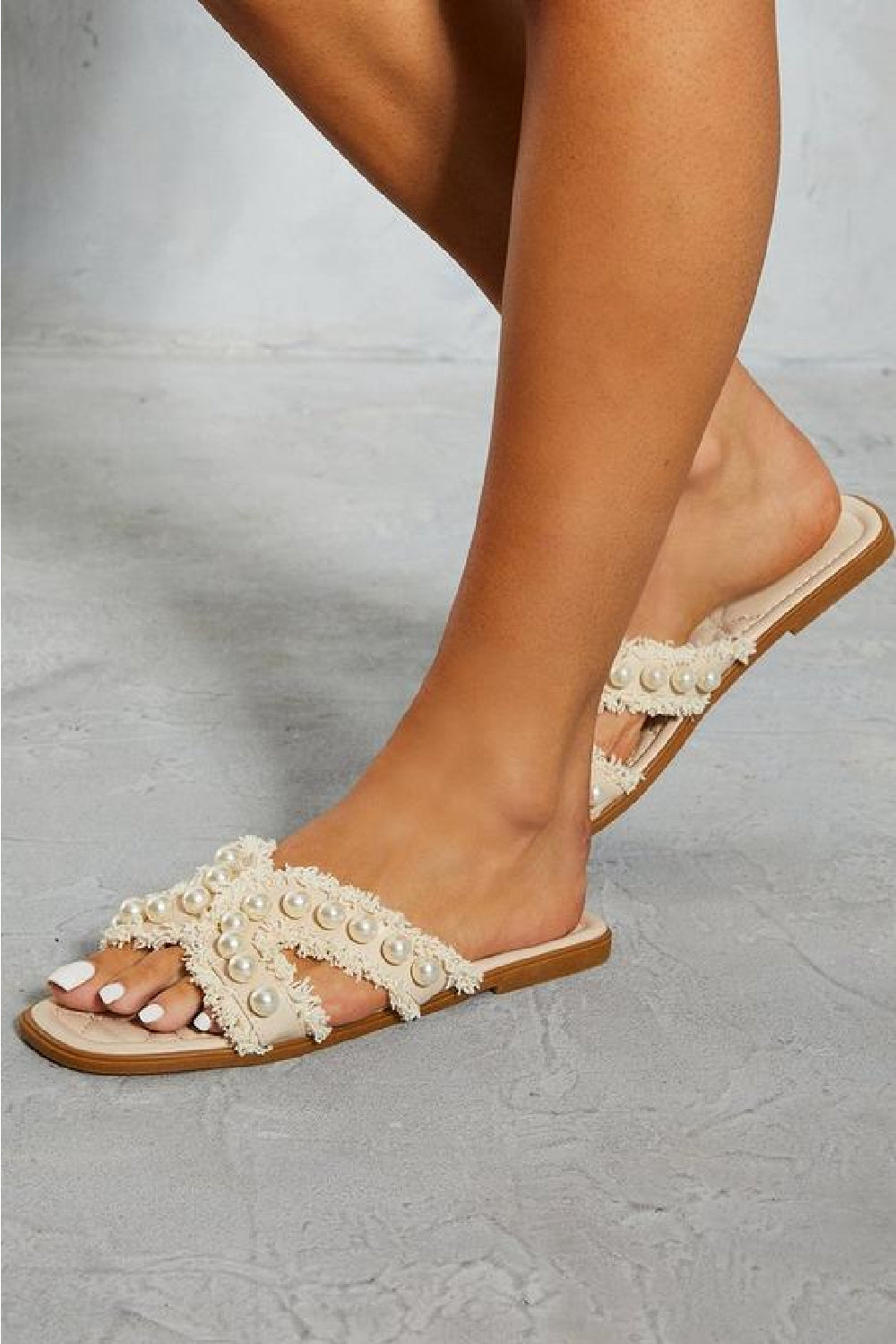 CREAM PEARL DETAIL FLAT SLIP ON SLIDERS SANDAL