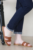 Tan PU Designer Slider Sandals