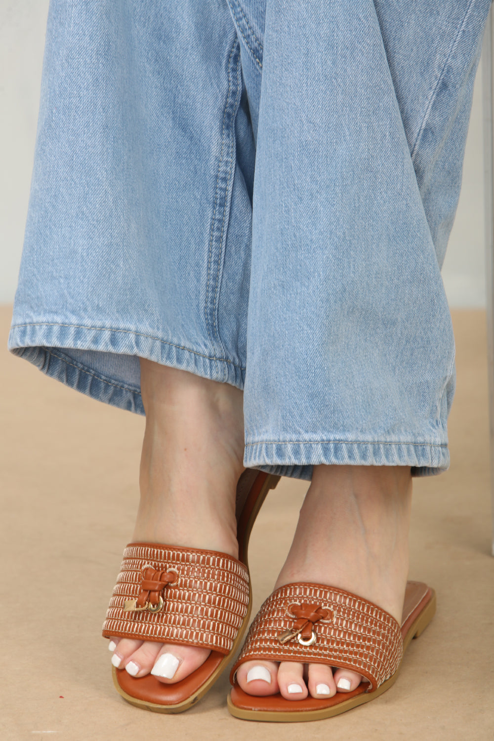 Tan PU Designer Slider Sandals