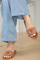 Tan PU Designer Slider Sandals