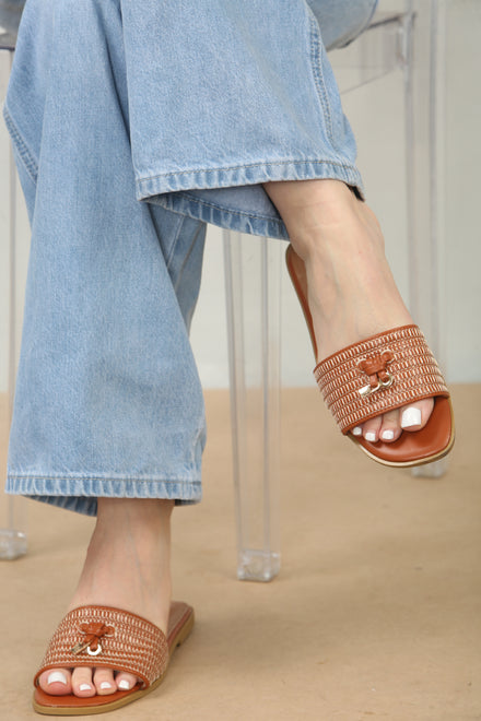Tan PU Designer Slider Sandals