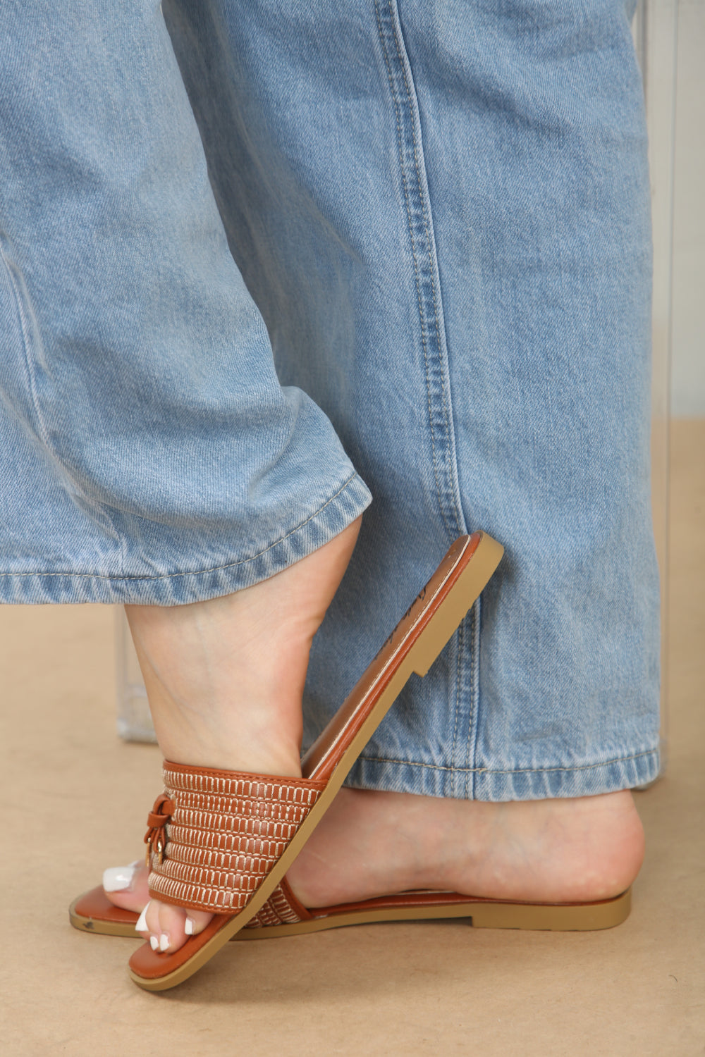 Tan PU Designer Slider Sandals
